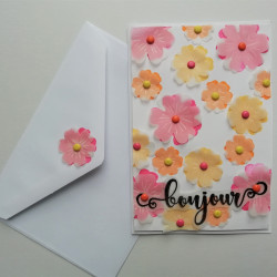 Carte Bonjour - Fleurs et papier vélin - Tampons mots en français Crearte by Marcella
